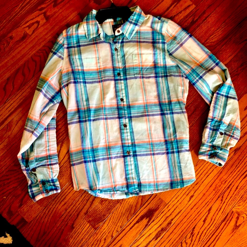 North face blue madras button up shirt long sleeve
